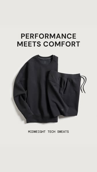 This ad for Midweight Tech Sweats is a still image that features a black crew neck sweatshirt and black sweat shorts. Th