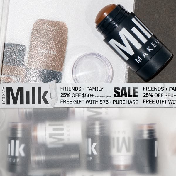 An image ad for Milk Makeup's Friends + Family sale event, offering discounts and a free gift with purchase.