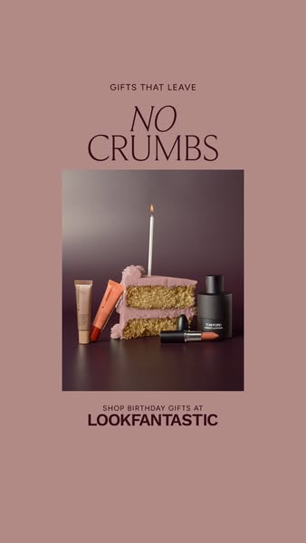 An ad promoting LookFantastic's selection of birthday gifts. The image features several beauty and cosmetic products