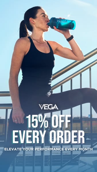 This ad for Vega plant-based protein highlights a woman drinking a Vega product after a workout, emphasizing the brand&#