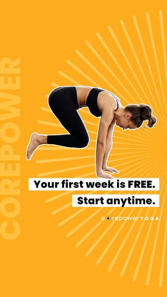 This image ad for CorePower Yoga offers a free first week of classes with no specific start date.