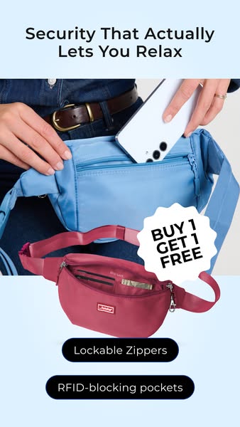 The ad features a crossbody bag and advertises features such as RFID-blocking pockets and lockable zippers to keep belon