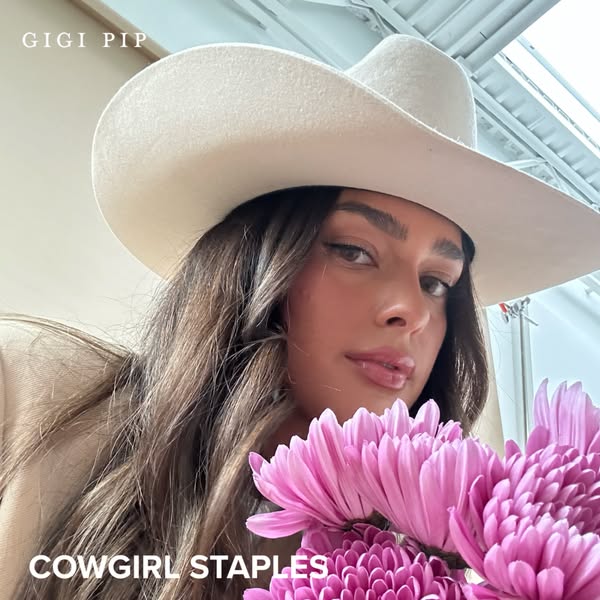 This ad for Gigi Pip promotes the brand's hats, specifically its 'Cowgirl Staples' line. The ad features a w