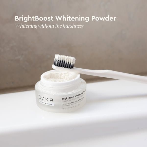 This ad showcases Boka's BrightBoost Whitening Powder as a gentle alternative to traditional teeth whitening methods