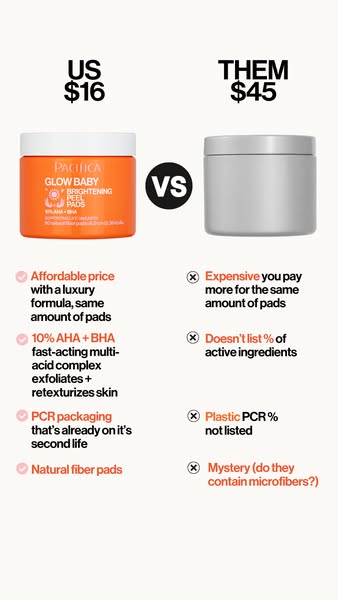 This ad compares Pacifica's Glow Baby Brightening Peel Pads to a competitor. It highlights Pacifica's affordable