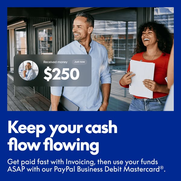 This ad promotes the PayPal Business Debit Mastercard as a way to get paid fast with invoicing and use funds quickly.
