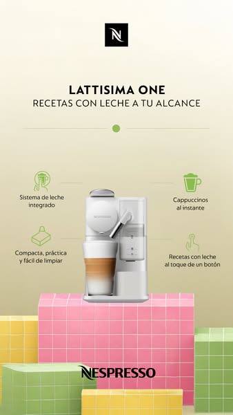 This ad showcases the features of the Nespresso Lattissima One machine, which can make milk-based drinks with one touch.