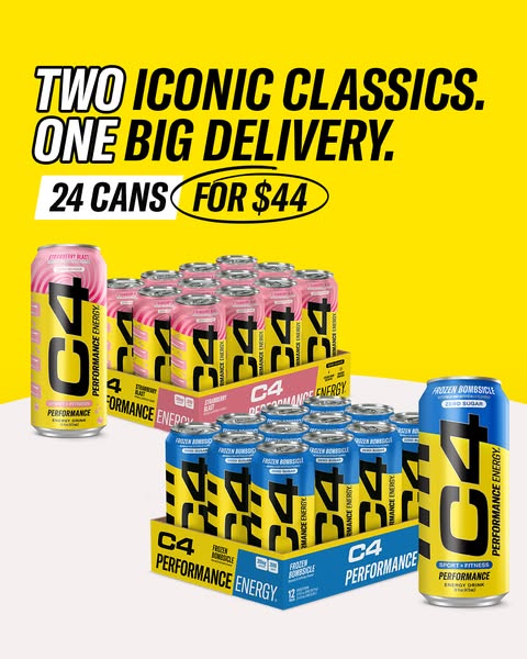 This image ad showcases C4 Energy drinks, highlighting the availability of two popular flavors in a bulk offering.
