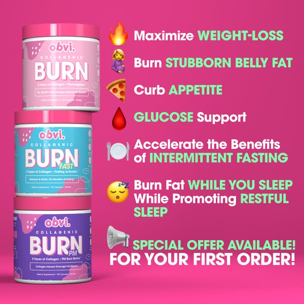 This ad promotes Obvi collagenic burn products, highlighting their benefits such as weight loss, appetite curbing, and g