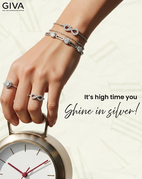 This ad features a hand with rings and bracelets with the text, "It's high time you Shine in silver!".