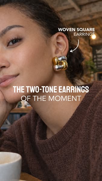 This image ad showcases woven square earrings in two-tone metal.