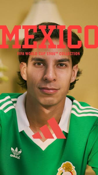 A portrait of a man wearing a Mexico soccer jersey from the FIFA World Cup 1986™ Collection is used to advertise the col