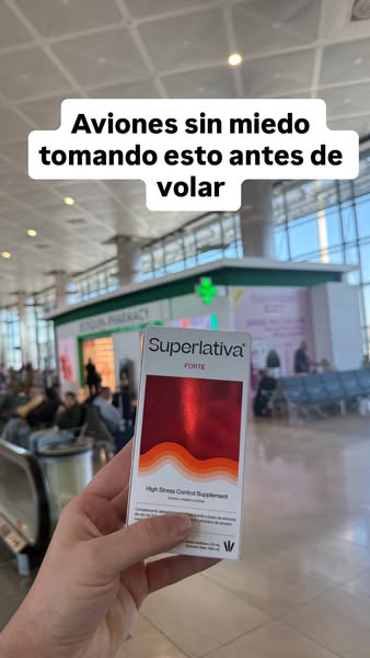 The image shows a person in an airport holding Superlativa Forte, which is a high stress control supplement. The caption