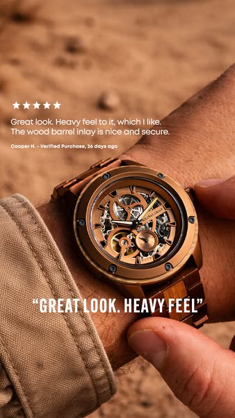 This image ad features a close-up of a watch on a man's wrist.  The watch has a brown wood and metal band and a skel