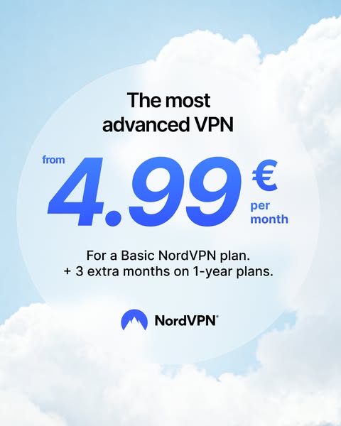 This ad promotes NordVPN's basic plan and features their 1-year plan with 3 extra months. The ad emphasizes NordVPN 
