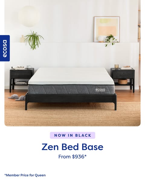 This image ad promotes the Zen Bed Base from Ecosa, highlighting its new black color option and member pricing for a Que