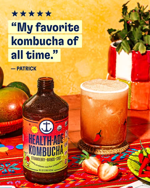 An ad for Health-Ade Kombucha featuring a testimonial from a customer named Patrick stating that it's "My favor