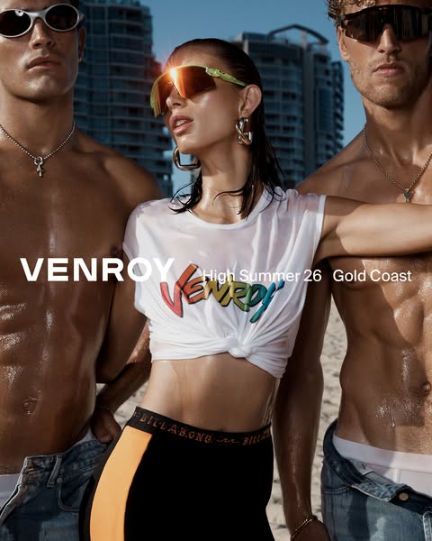 This image ad features a group of attractive, fit models on a beach to promote VENROY's High Summer 26 collection. T