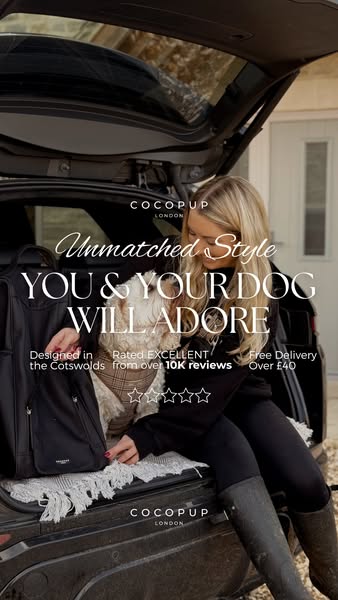 This ad showcases a stylish dog carrier from Cocopup London, emphasizing its design, comfort, and positive customer revi