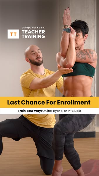 This image ad for CorePower Yoga teacher training highlights a man assisting a woman in a yoga pose. The ad uses text to