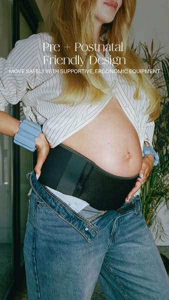 An image ad for a prenatal and postnatal support belt. It emphasizes the belt's pre and postnatal friendly design an