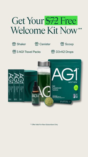 This image ad showcases the AG1 welcome kit, which includes a shaker, canister, scoop, 3 AG1 travel packs, and D3+K2 dro