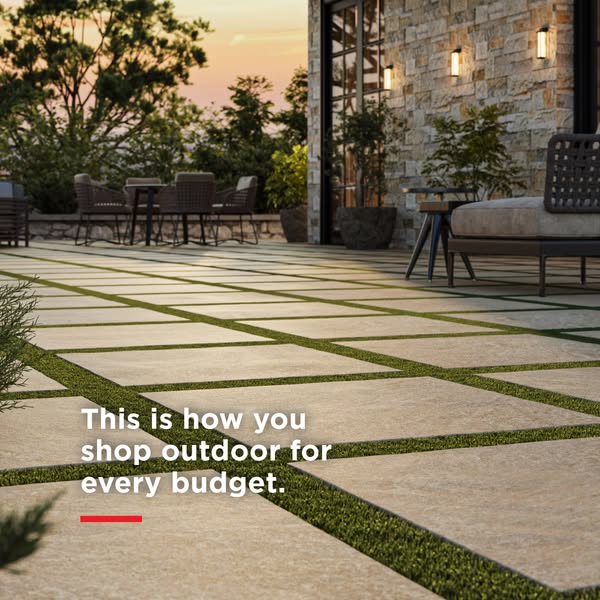This ad showcases an outdoor patio space designed with pavers and artificial turf. The ad aims to promote the idea of cr