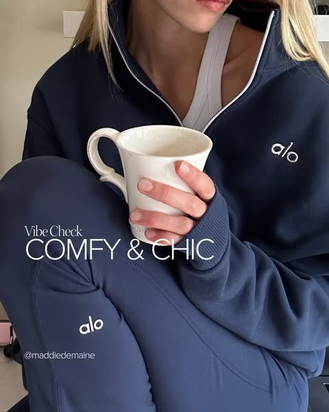 This ad features a person wearing Alo brand clothing while holding a mug. The ad highlights the comfort and style of the