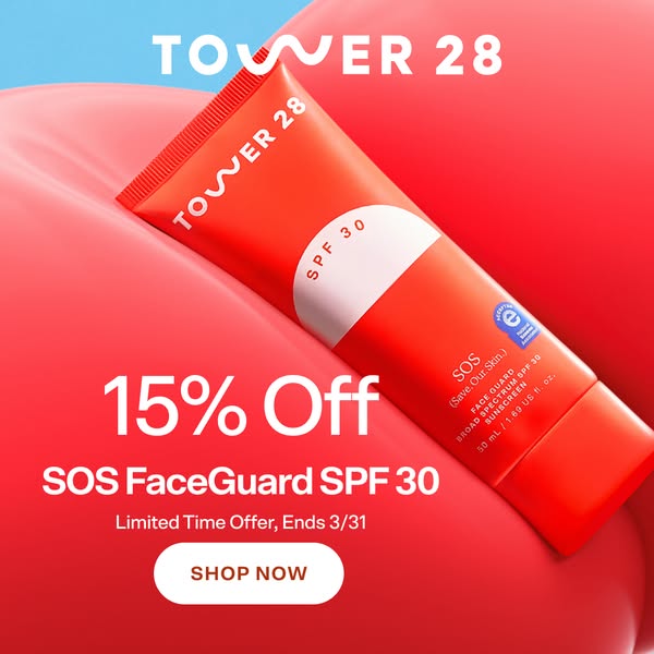 This image ad for Tower 28 promotes the SOS FaceGuard SPF 30 sunscreen. The ad highlights a limited-time offer of 15% of