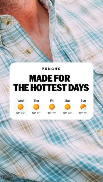 This image ad promotes Poncho, a clothing brand, by associating it with hot weather. The ad presents a weather forecast 
