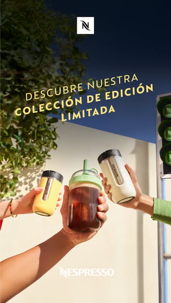 This image ad showcases Nespresso's limited edition collection of Nomad travel mugs in three different colors. Three