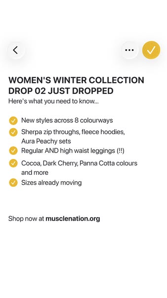 This ad promotes the Women's Winter Collection Drop 02 from Muscle Nation, highlighting new styles, colorways, and p