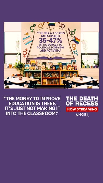 The ad shows a classroom with educational books and a poster stating that a large portion of the NEA's budget is all