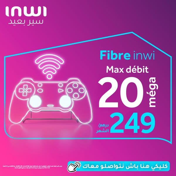 This image ad promotes Inwi's Fibre internet service, emphasizing high-speed internet with a visual focus on the gam
