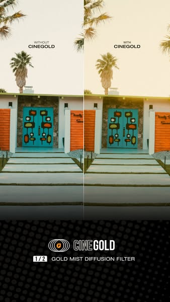 This ad shows a before-and-after comparison of an image that has been shot without and with the Cinegold 1/2 gold mist d