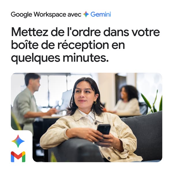 This ad promotes Google Workspace with Gemini, highlighting how it can help users organize their inbox in just a few min