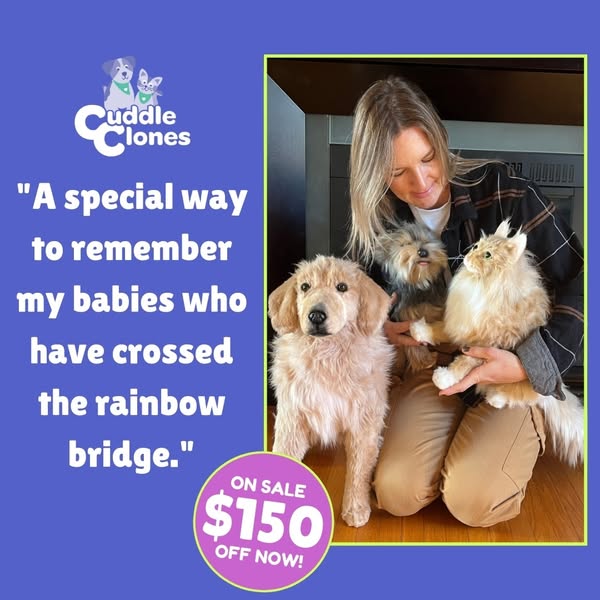 This ad features a testimonial about Cuddle Clones being a special way to remember pets that have passed away. The ad sh