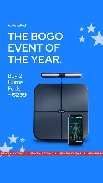 An image ad for HumePod, featuring the product and highlighting a buy-one-get-one (BOGO) sales event. The ad uses a blue