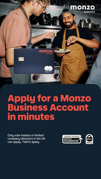 This image ad for Monzo Business Account features two chefs preparing food in a kitchen. A Monzo Business debit card is 