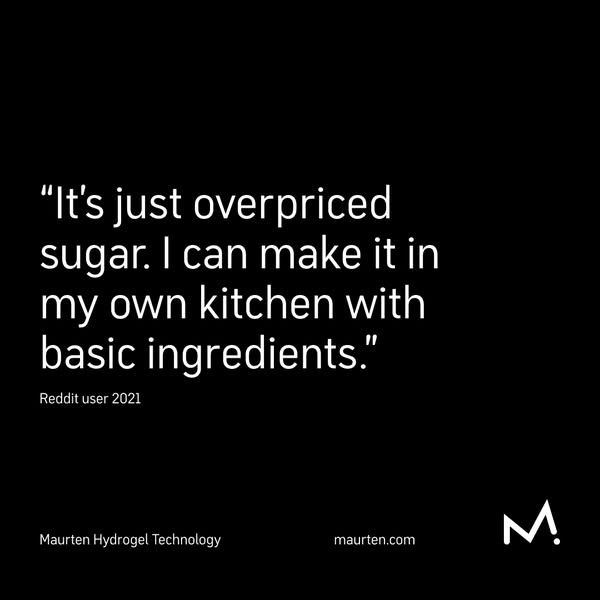 This ad uses a negative user review to highlight the idea that Maurten is an over-priced and complicated product. The br