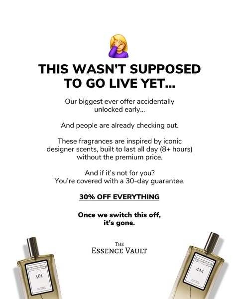 This image ad from The Essence Vault features an accidental sale event with a limited-time offer of 30% off everything. 