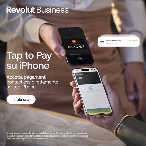 This image ad promotes Revolut Business's Tap to Pay feature on iPhone. It features two people completing a contactl