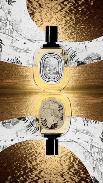 This ad features a Diptyque fragrance bottle reflected in a pool of water. The background is a black and white illustrat