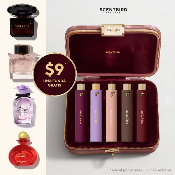 This ad for Scentbird showcases five distinct perfumes, offering a discounted first month and highlighting the brand'