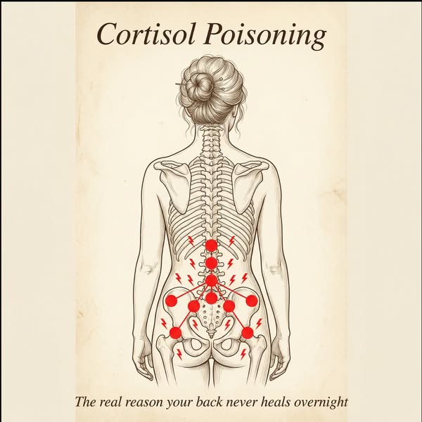 The ad uses an anatomical illustration to present 'Cortisol Poisoning' as the reason for persistent back pain. I