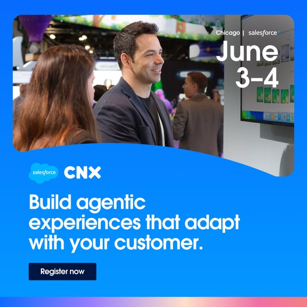 This is an advertisement for the Salesforce CNX event taking place in Chicago in June. The ad features a photo of people