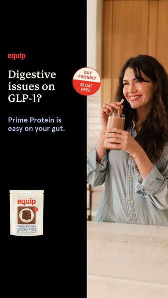 An image ad promoting Equip Prime Protein. The ad highlights that the product is gut-friendly and bloat-free, particular