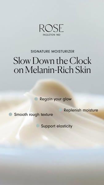 This image ad for ROSE Ingleton MD highlights its signature moisturizer, focusing on its benefits for melanin-rich skin,