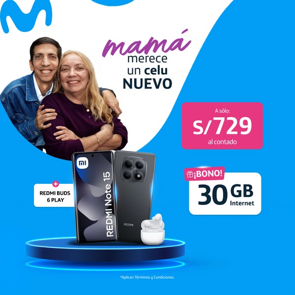 Ad promoting cell phone packages from Movistar for Mother's Day featuring a happy, middle-aged mother with her son. 