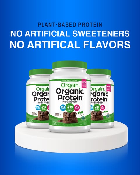 This Orgain ad showcases the company's Organic Protein Powder, specifically calling out that it is plant-based and c